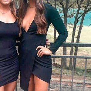 Black asymmetrical low cut dress